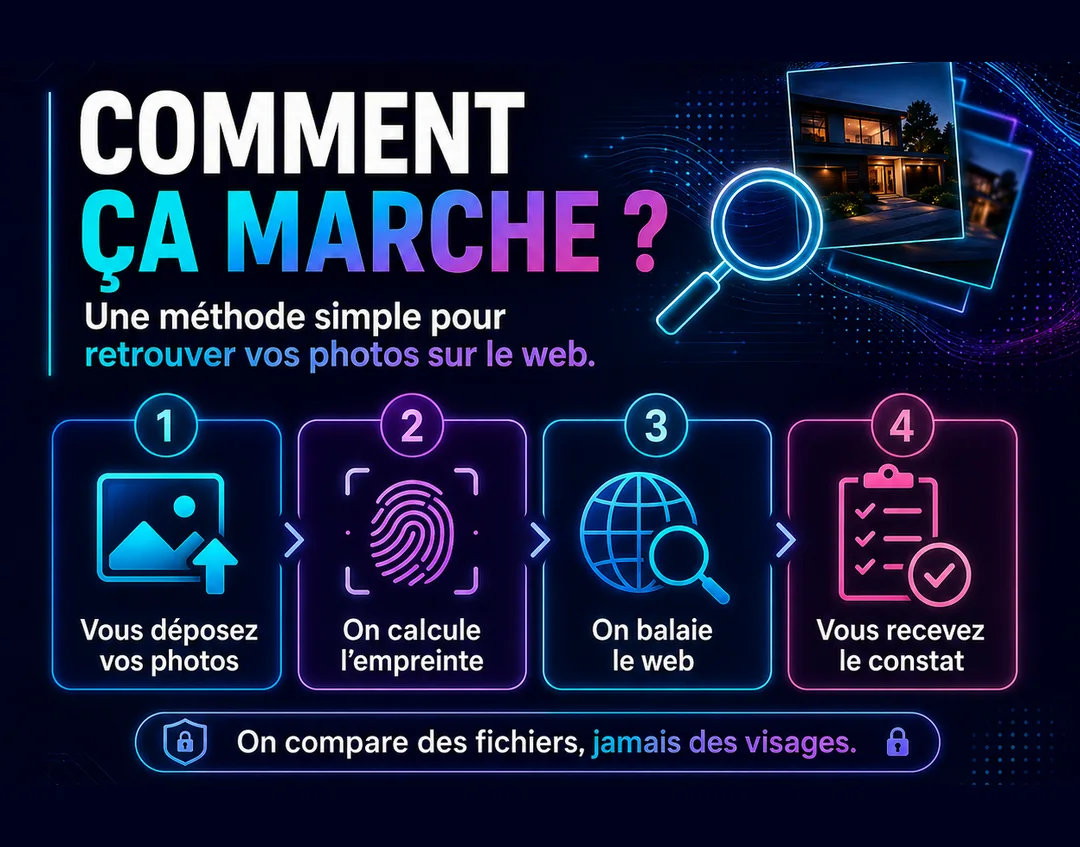 Illustration TracImage : empreinte perceptuelle, balayage du web et constat horodaté